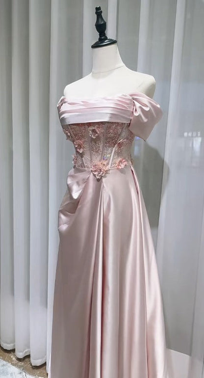 Sweet Pink Off-the-shoulder A-Line Satin Long Evening Dresses Sweet 16 Prom Dresses ED02013