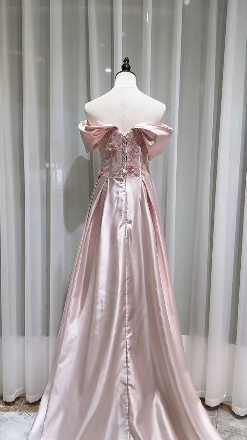 Sweet Pink Off-the-shoulder A-Line Satin Long Evening Dresses Sweet 16 Prom Dresses ED02013