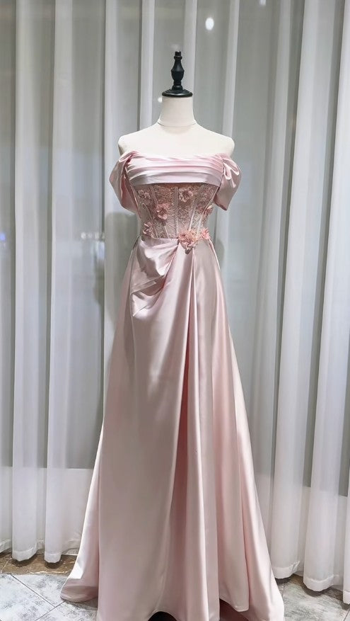 Sweet Pink Off-the-shoulder A-Line Satin Long Evening Dresses Sweet 16 Prom Dresses ED02013
