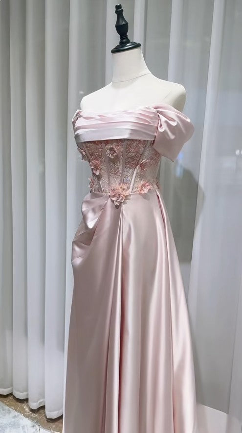 Sweet Pink Off-the-shoulder A-Line Satin Long Evening Dresses Sweet 16 Prom Dresses ED02013