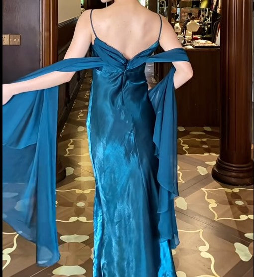 Elegant Gothic Spaghetti Straps Party Dresses Vintage Teal Glitter Satin Evening Dresses ED02014