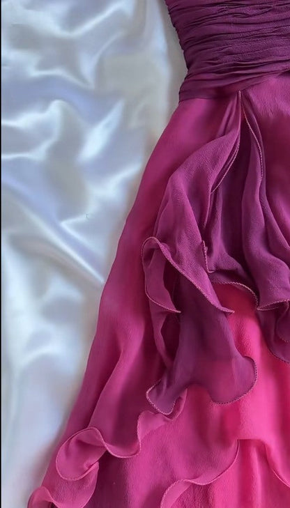 Fairytale Gothic V-neck A-Line Chiffon Party Dress Vintage Gradient Pink Short Prom Dress ED02015