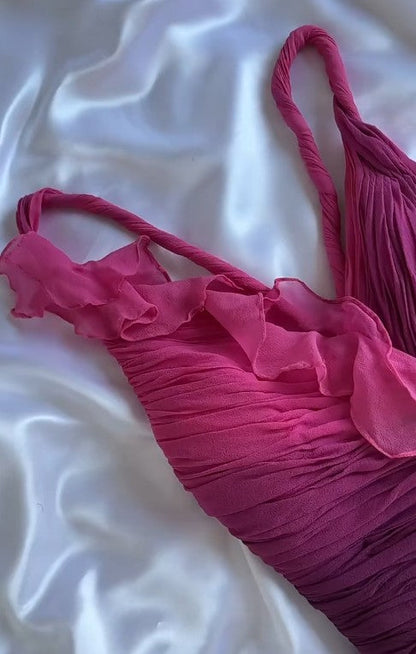 Fairytale Gothic V-neck A-Line Chiffon Party Dress Vintage Gradient Pink Short Prom Dress ED02015