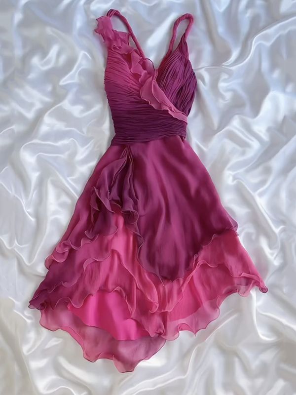 Fairytale Gothic V-neck A-Line Chiffon Party Dress Vintage Gradient Pink Short Prom Dress ED02015