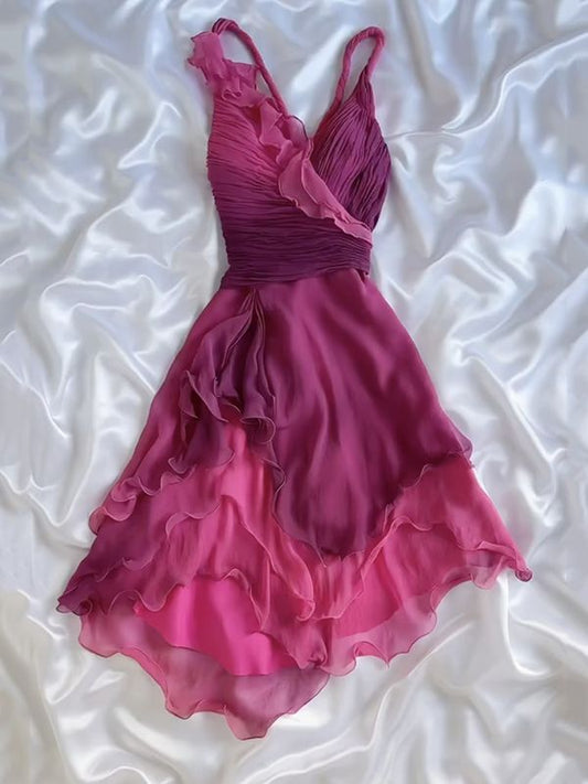 Fairytale Gothic V-neck A-Line Chiffon Party Dress Vintage Gradient Pink Short Prom Dress ED02015