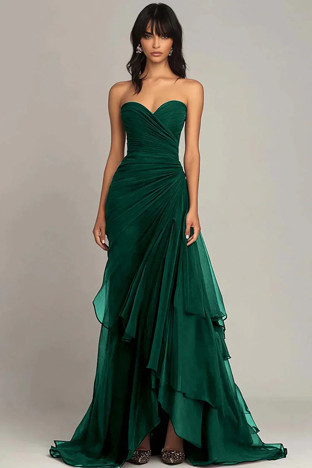 Elegant Mermaid Dark Green Sweetheart Tulle Long Prom Dresses Formal Evening Dresses with Rufflest ED02017