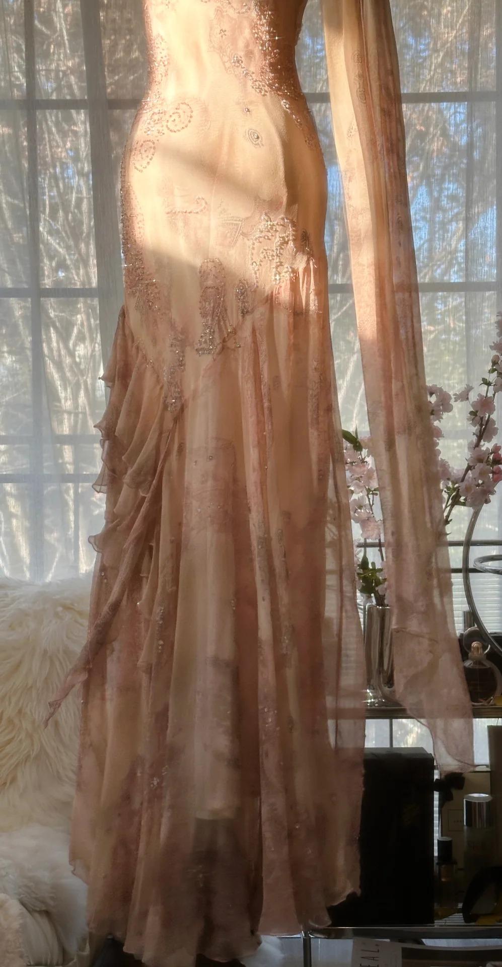 Vintage Spaghetti Straps Printed Chiffon Sheath Sparkling Beaded Evening Dress ED02018