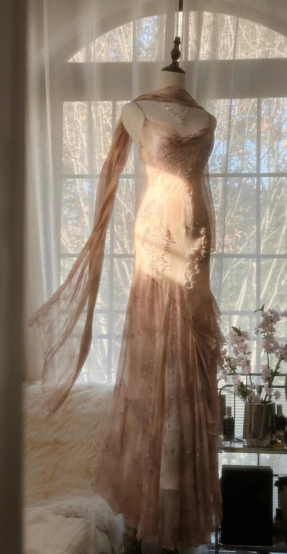 Vintage Spaghetti Straps Printed Chiffon Sheath Sparkling Beaded Evening Dress ED02018