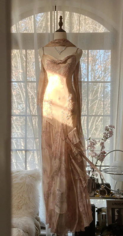 Vintage Spaghetti Straps Printed Chiffon Sheath Sparkling Beaded Evening Dress ED02018