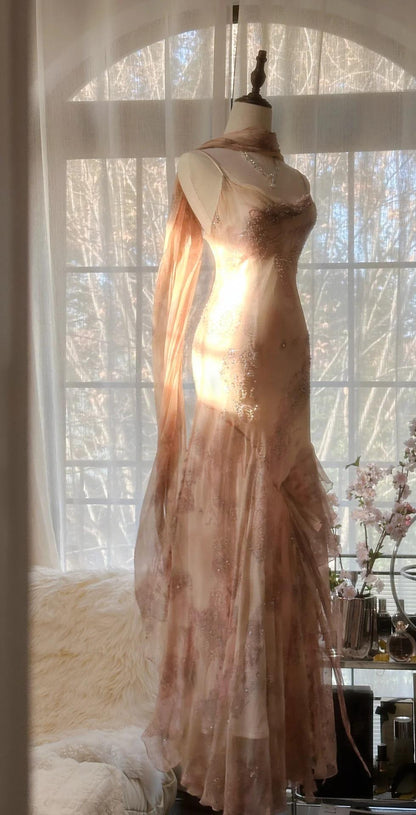 Vintage Spaghetti Straps Printed Chiffon Sheath Sparkling Beaded Evening Dress ED02018