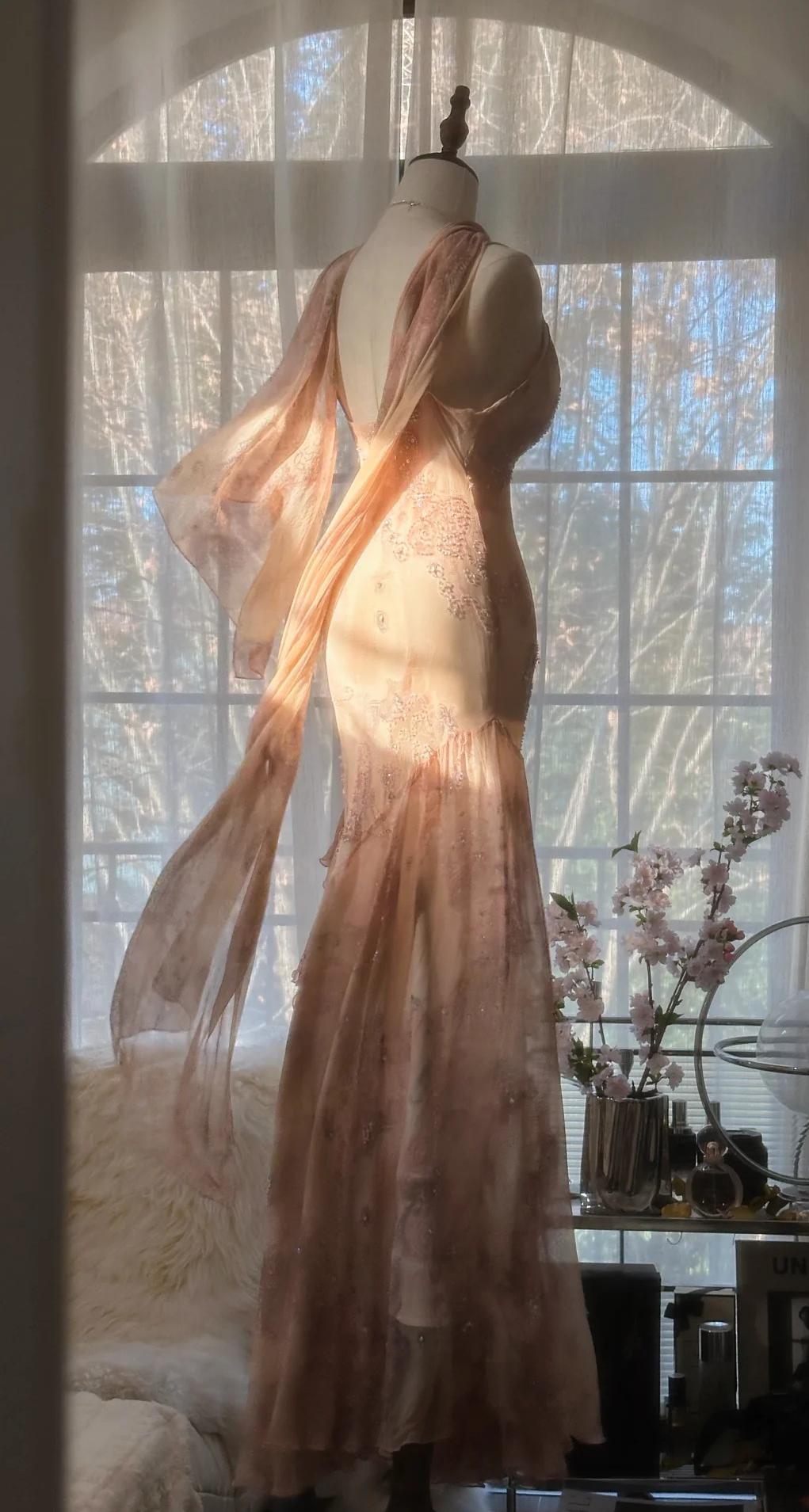 Vintage Spaghetti Straps Printed Chiffon Sheath Sparkling Beaded Evening Dress ED02018