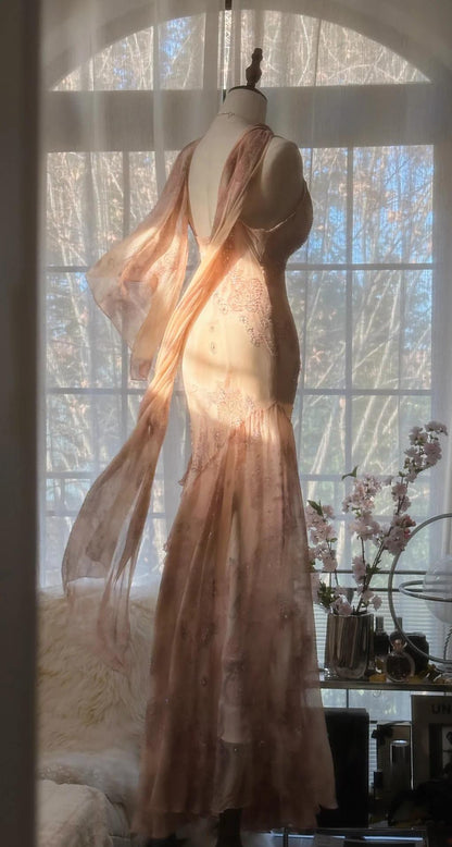 Vintage Spaghetti Straps Printed Chiffon Sheath Sparkling Beaded Evening Dress ED02018