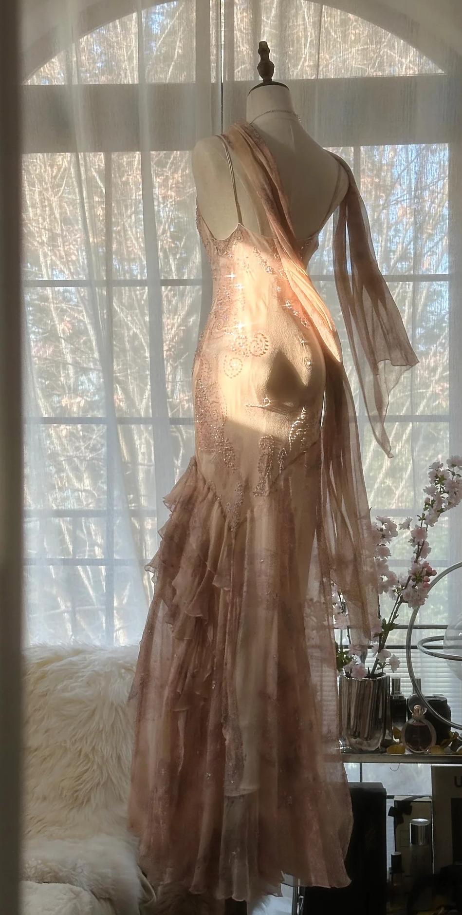 Vintage Spaghetti Straps Printed Chiffon Sheath Sparkling Beaded Evening Dress ED02018