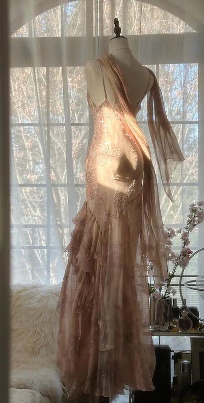 Vintage Spaghetti Straps Printed Chiffon Sheath Sparkling Beaded Evening Dress ED02018