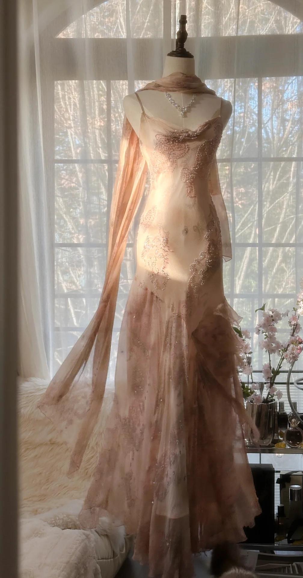 Vintage Spaghetti Straps Printed Chiffon Sheath Sparkling Beaded Evening Dress ED02018