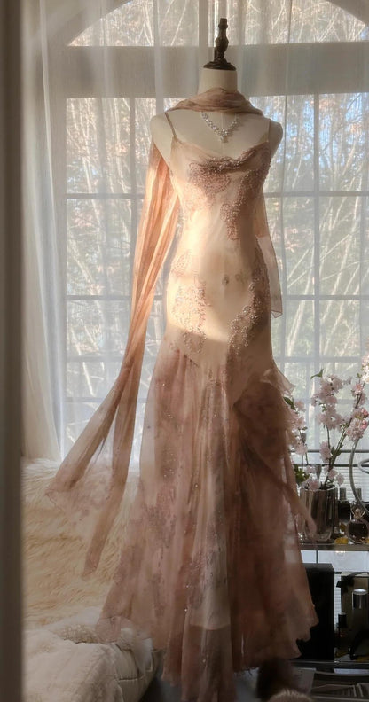 Vintage Spaghetti Straps Printed Chiffon Sheath Sparkling Beaded Evening Dress ED02018