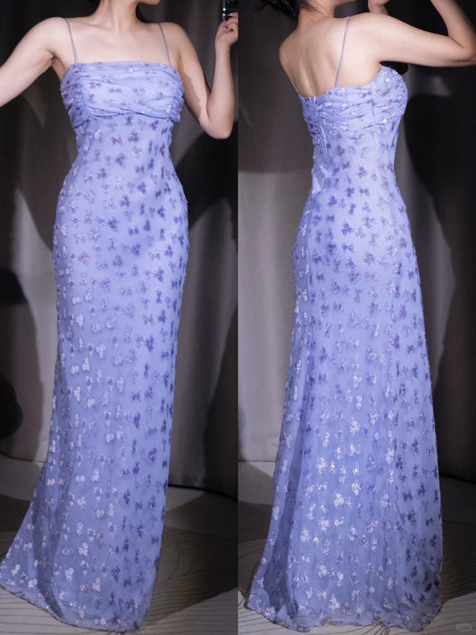 Gothic Elegant Purple Chiffon Sheath Party Dresses Spaghetti Straps Shiny Beaded Long Prom Dresses ED02019