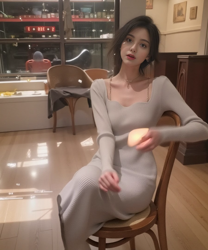 French Square Neck Long Sleeve Hip-wrapped Knitted Dress ED0201