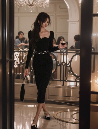 French Square Neck Long Sleeve Hip-wrapped Knitted Dress ED0201