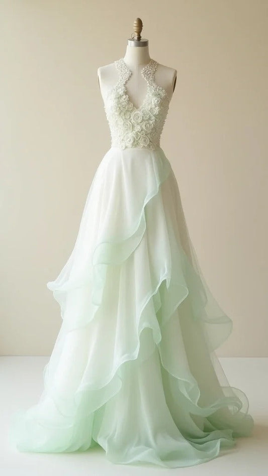 Gentle Gradient Light Green V neck A-Line Tulle Long Prom Dresses Sweet Beaded Applique Formal Evening Dress ED02020