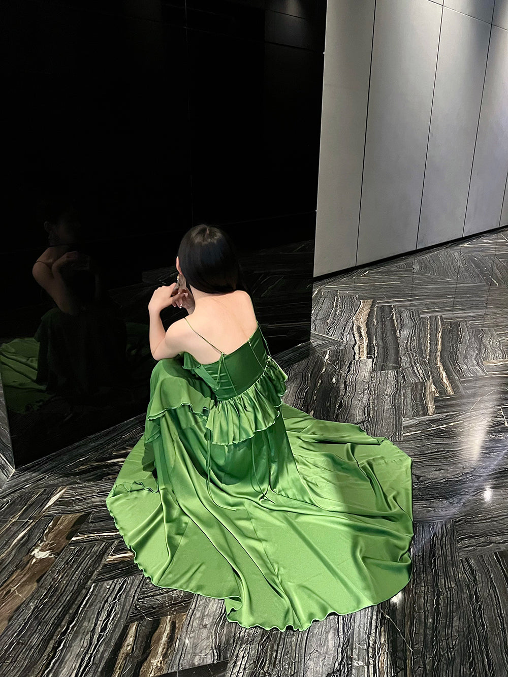 Elegant Sapphire Blue Spaghetti Strap  Simple Satin V-Neck A-Line Party Dress ED02021