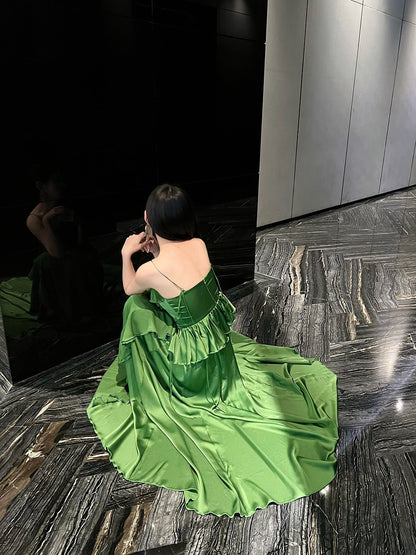 Elegant Sapphire Blue Spaghetti Strap  Simple Satin V-Neck A-Line Party Dress ED02021