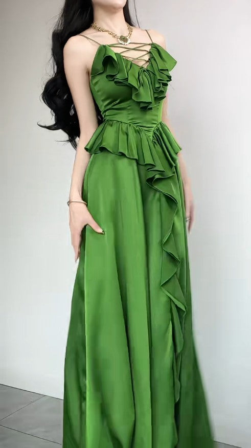 Elegant Sapphire Blue Spaghetti Strap  Simple Satin V-Neck A-Line Party Dress ED02021