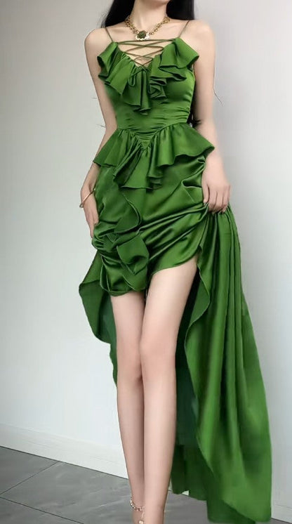 Elegant Sapphire Blue Spaghetti Strap  Simple Satin V-Neck A-Line Party Dress ED02021