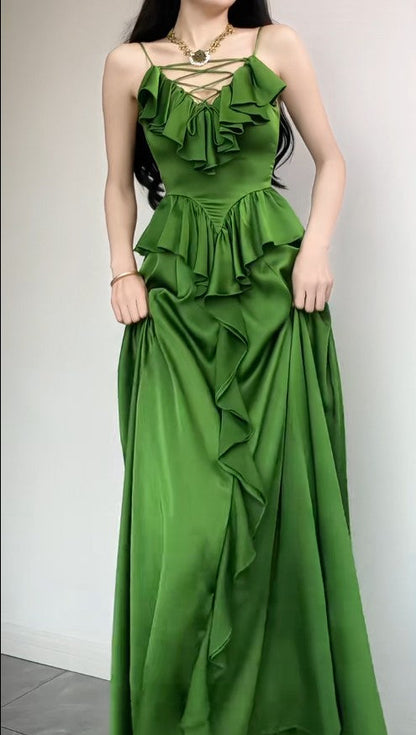 Elegant Sapphire Blue Spaghetti Strap  Simple Satin V-Neck A-Line Party Dress ED02021