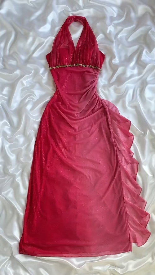 Vintage Gradient Red Halter Sheath Party Dress Elegant Gothic Glitter Chiffon Prom Dress ED02022