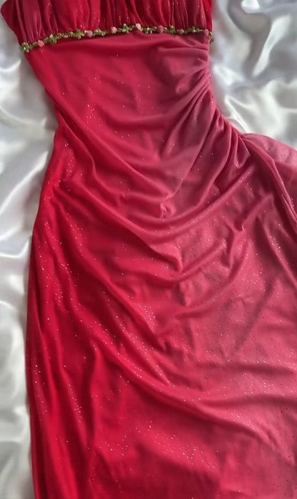 Vintage Gradient Red Halter Sheath Party Dress Elegant Gothic Glitter Chiffon Prom Dress ED02022