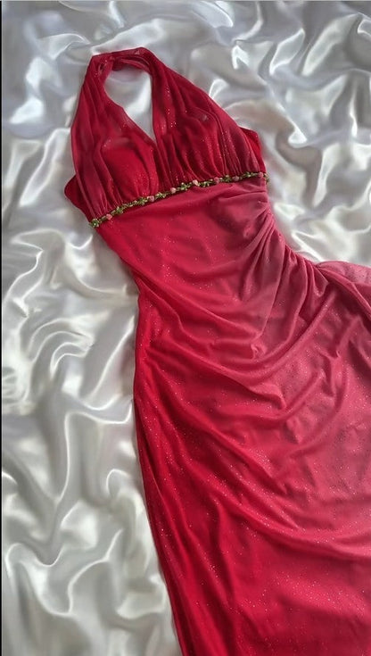Vintage Gradient Red Halter Sheath Party Dress Elegant Gothic Glitter Chiffon Prom Dress ED02022