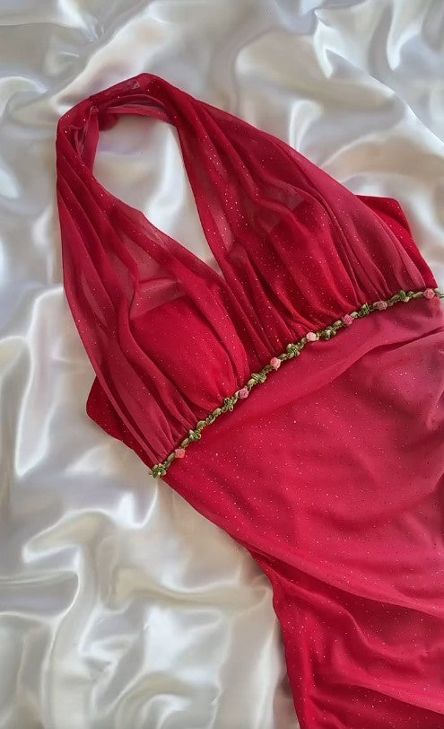 Vintage Gradient Red Halter Sheath Party Dress Elegant Gothic Glitter Chiffon Prom Dress ED02022