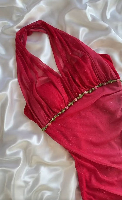 Vintage Gradient Red Halter Sheath Party Dress Elegant Gothic Glitter Chiffon Prom Dress ED02022