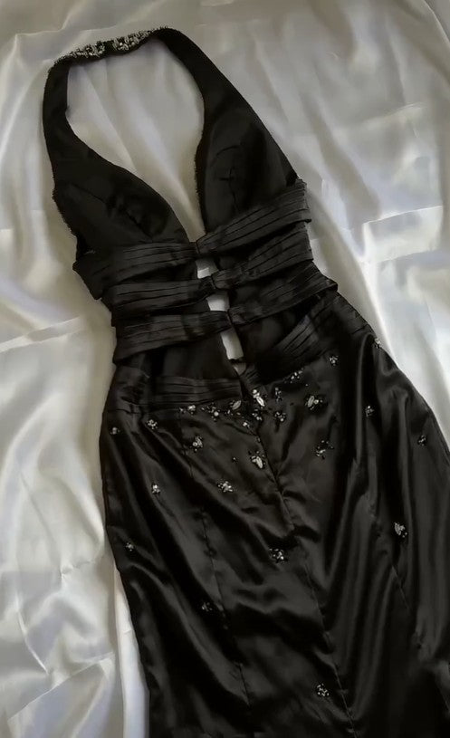 Elegant Black Deep V Neck Satin Mermaid Party Dresses Vintage Backless Beaded Evening Dress ED02023