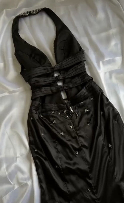 Elegant Black Deep V Neck Satin Mermaid Party Dresses Vintage Backless Beaded Evening Dress ED02023