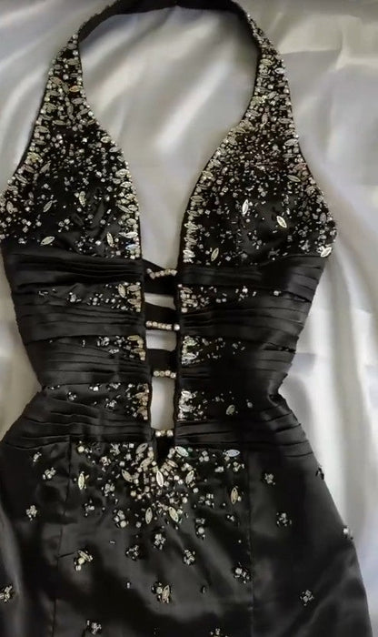 Elegant Black Deep V Neck Satin Mermaid Party Dresses Vintage Backless Beaded Evening Dress ED02023