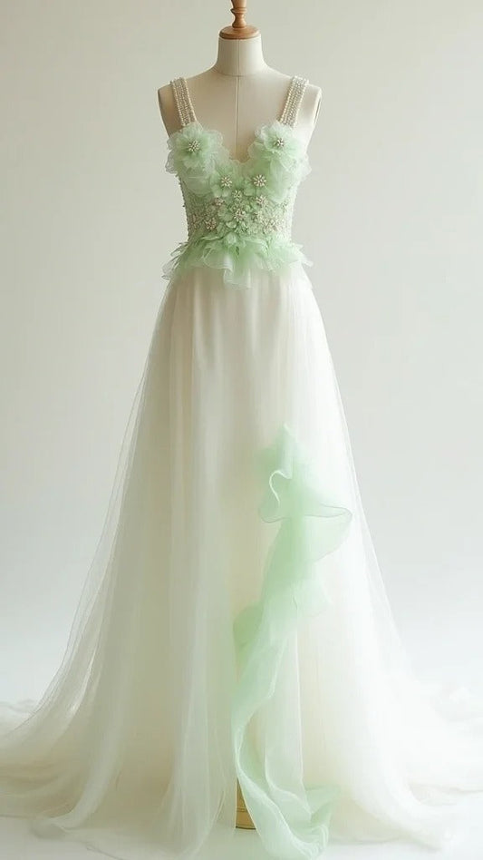 Fairtale White Tulle V-neck A-Line Long Prom Dresses with Beading  Formal Evening Dress ED02024