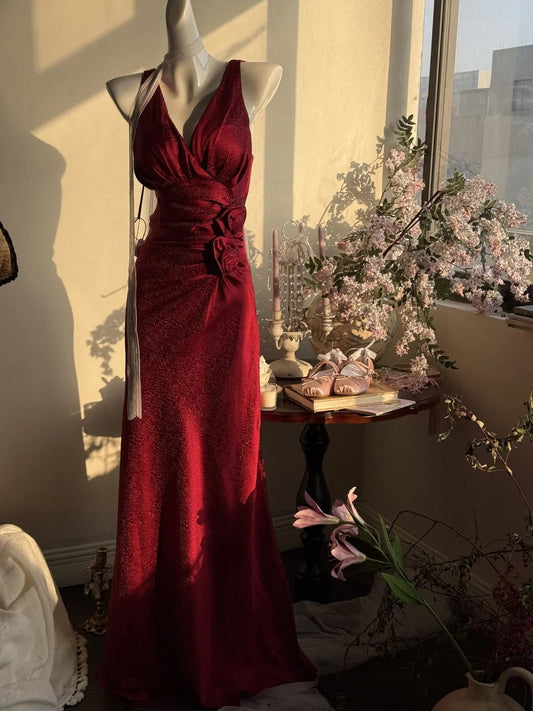 Elegant Burgundy Mermaid Jacquard Satin V-neck Evening Dress Simple Prom Dress ED02026
