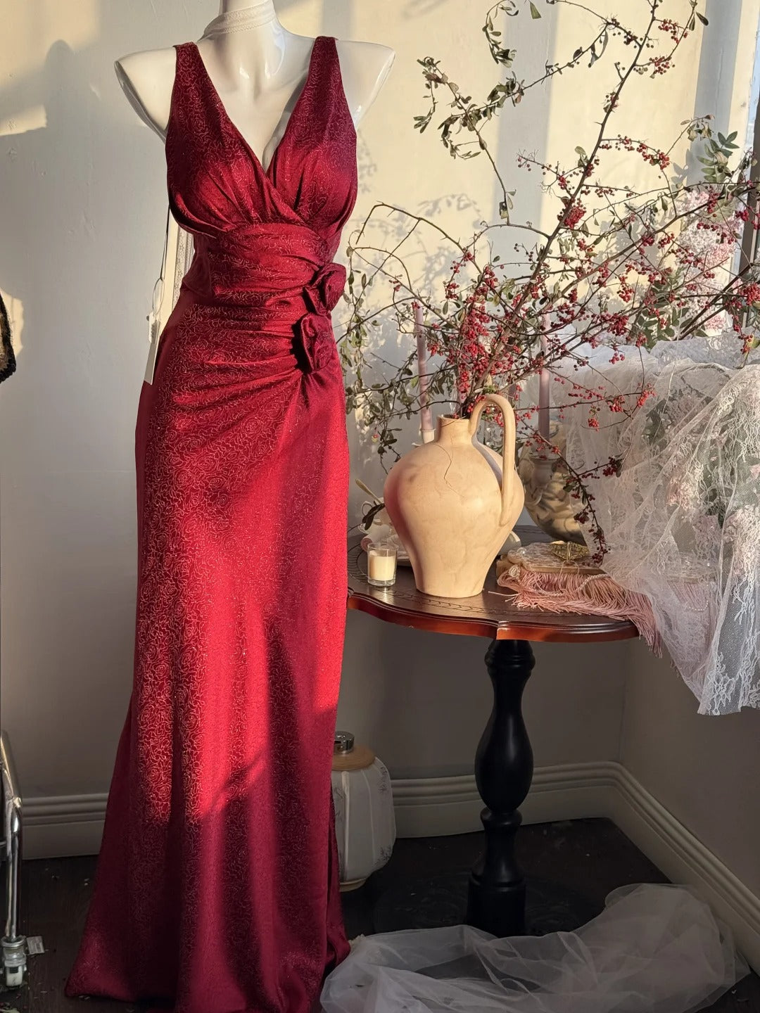 Elegant Burgundy Mermaid Jacquard Satin V-neck Evening Dress Simple Prom Dress ED02026