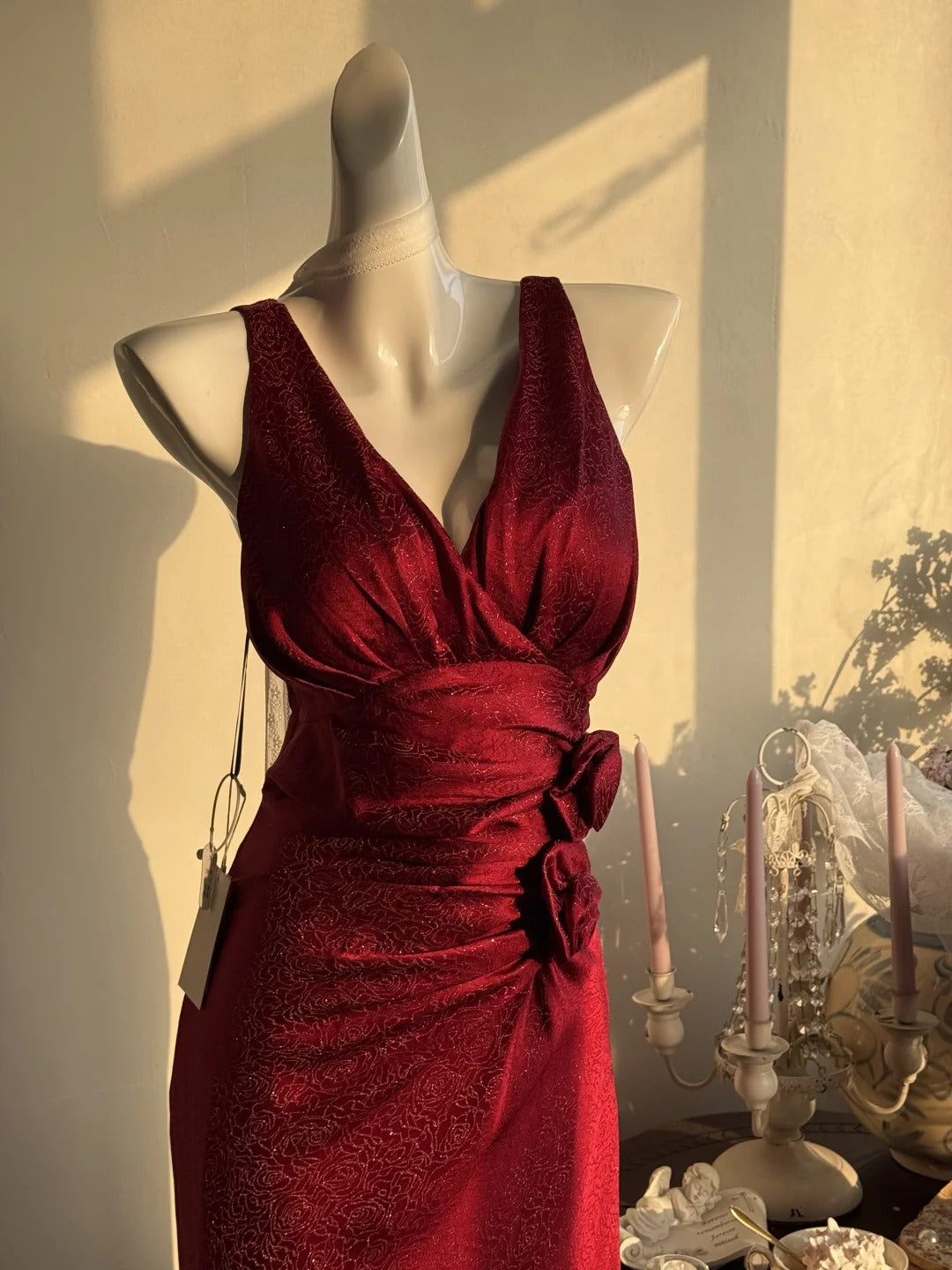 Elegant Burgundy Mermaid Jacquard Satin V-neck Evening Dress Simple Prom Dress ED02026