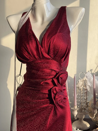 Elegant Burgundy Mermaid Jacquard Satin V-neck Evening Dress Simple Prom Dress ED02026