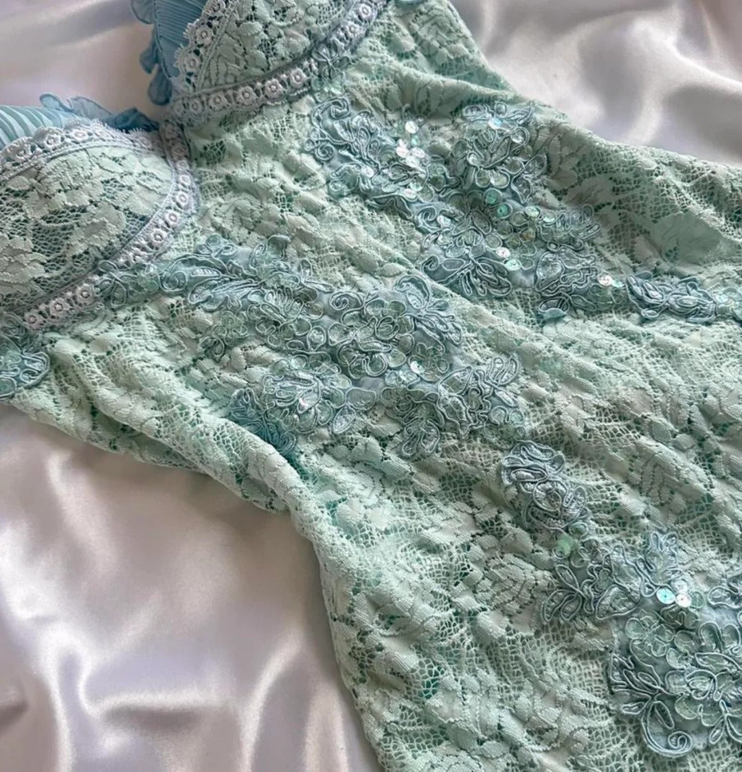 Sweet Tiffany Blue Spaghetti Strap Chiffon Party Dresses Lace Applique Short Prom Dresses Homecoming Dress ED02028
