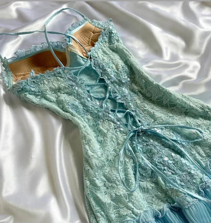 Sweet Tiffany Blue Spaghetti Strap Chiffon Party Dresses Lace Applique Short Prom Dresses Homecoming Dress ED02028