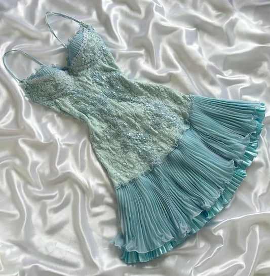 Sweet Tiffany Blue Spaghetti Strap Chiffon Party Dresses Lace Applique Short Prom Dresses Homecoming Dress ED02028