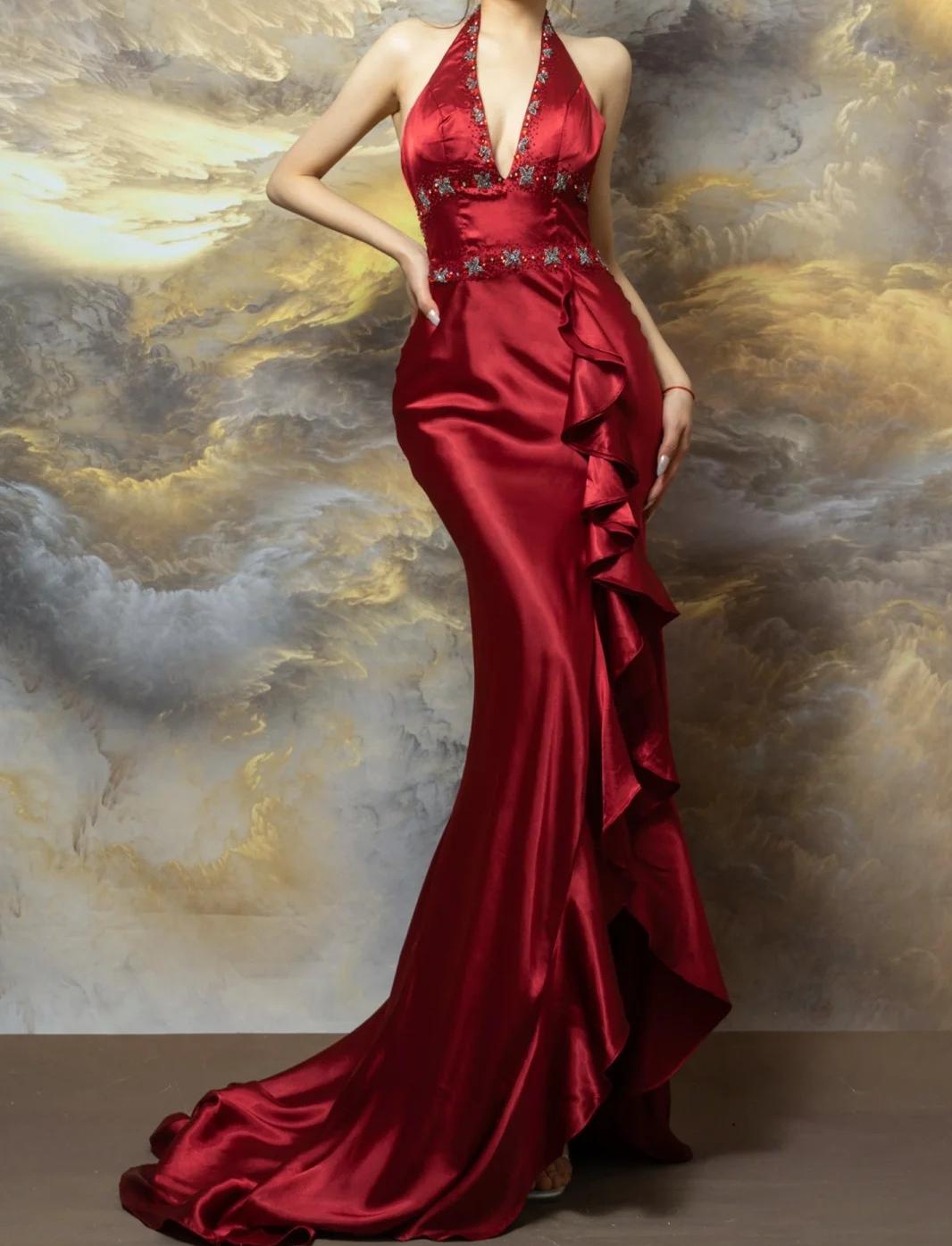 Gorgeous Burgundy Halter Satin Mermaid Train Prom Dresses Elegant Beaded Formal Evening Dress with Slit ED02029