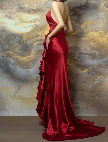 Gorgeous Burgundy Halter Satin Mermaid Train Prom Dresses Elegant Beaded Formal Evening Dress with Slit ED02029