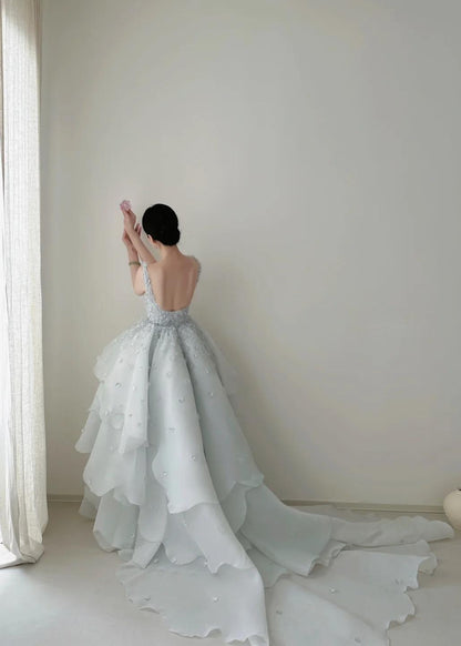 Fairytale Spaghetti Straps A-Line Open Back Chiffon Layered Train Wedding Dresses ED02031