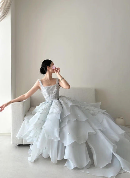 Fairytale Spaghetti Straps A-Line Open Back Chiffon Layered Train Wedding Dresses ED02031