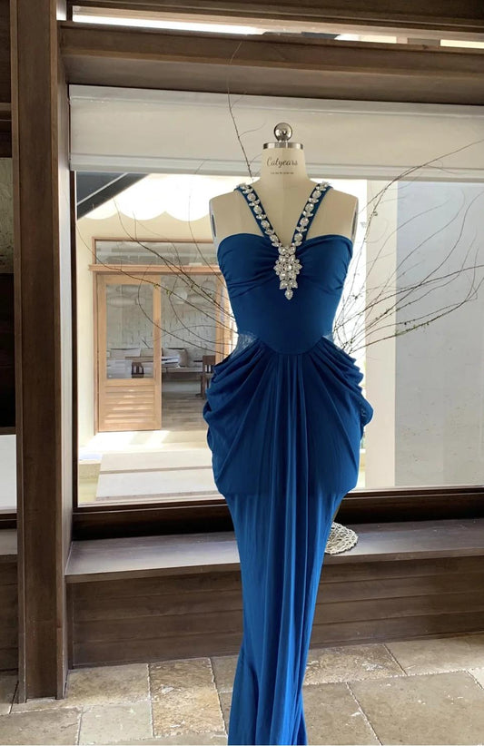 Gorgeous Blue V-neck Chiffon Bodycon Party Dresses Elegant Rhinestone Evening Dresses ED02032